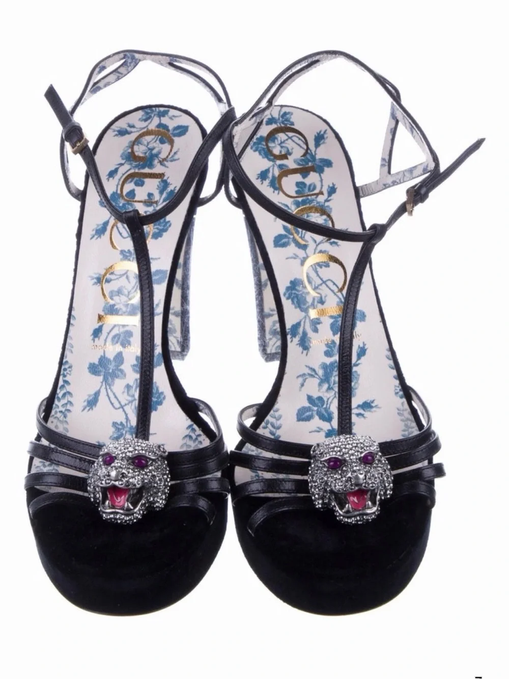 Gucci Black T-Strap Velvet Heels with Crystal Leopard Heads